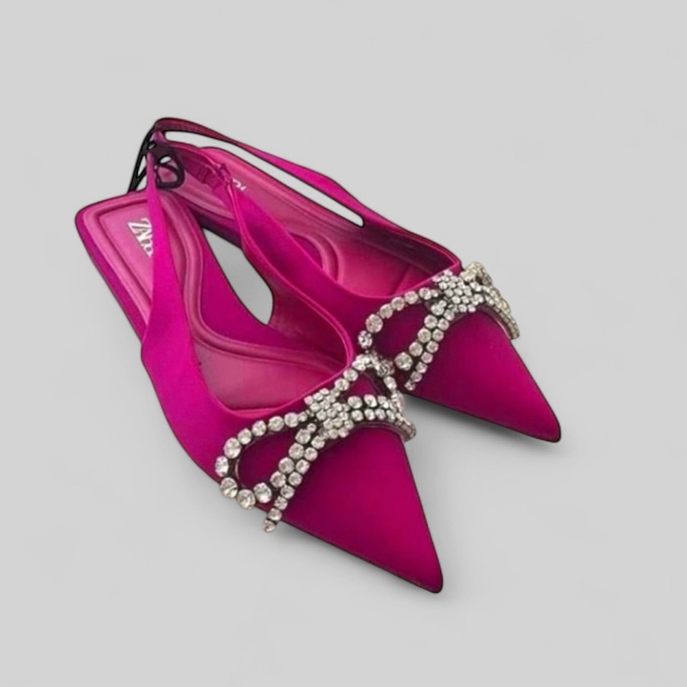 Zara Pink Satin Slingback Flats Crystal Bow Pointed Toe Size 9 NWOT - Picture 5 of 13